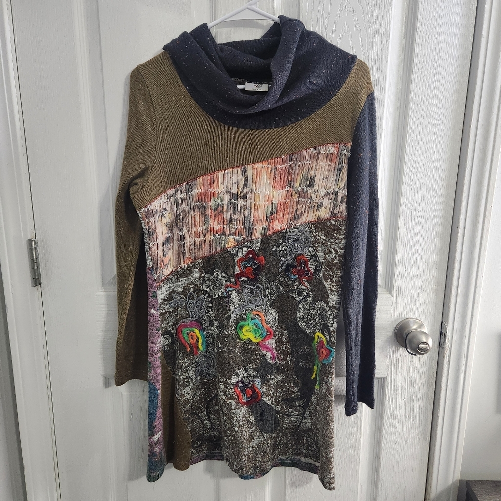 Vintage RARE textured knit sweater dress patchwork artsy unique eclectic LG